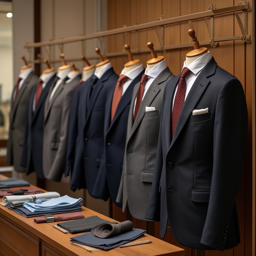 Selezione di abiti professionali su appendiabiti in showroom elegante