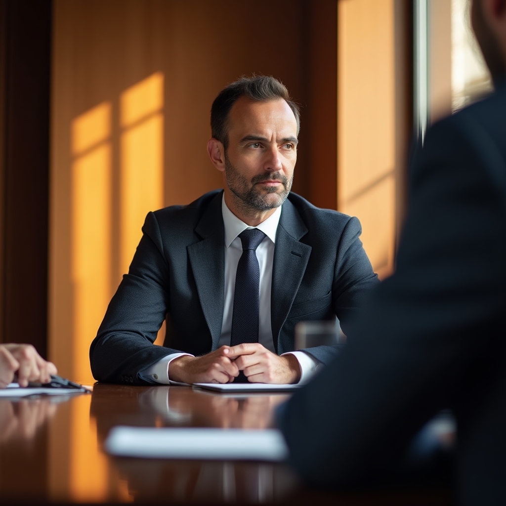 Dirigente italiano in abito formale durante riunione di lavoro