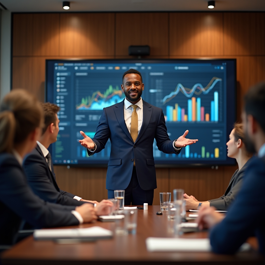 Manager italiano durante presentazione in sala riunioni aziendale